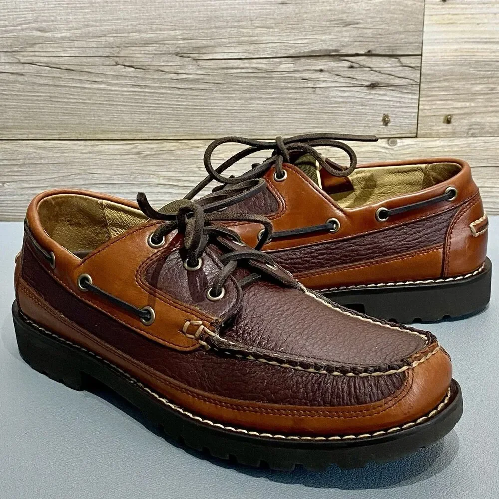LL Bean Leather Loafers Deck Boat Mocs Shoes Men’s 8 D Two Tone Brown 3-Eye